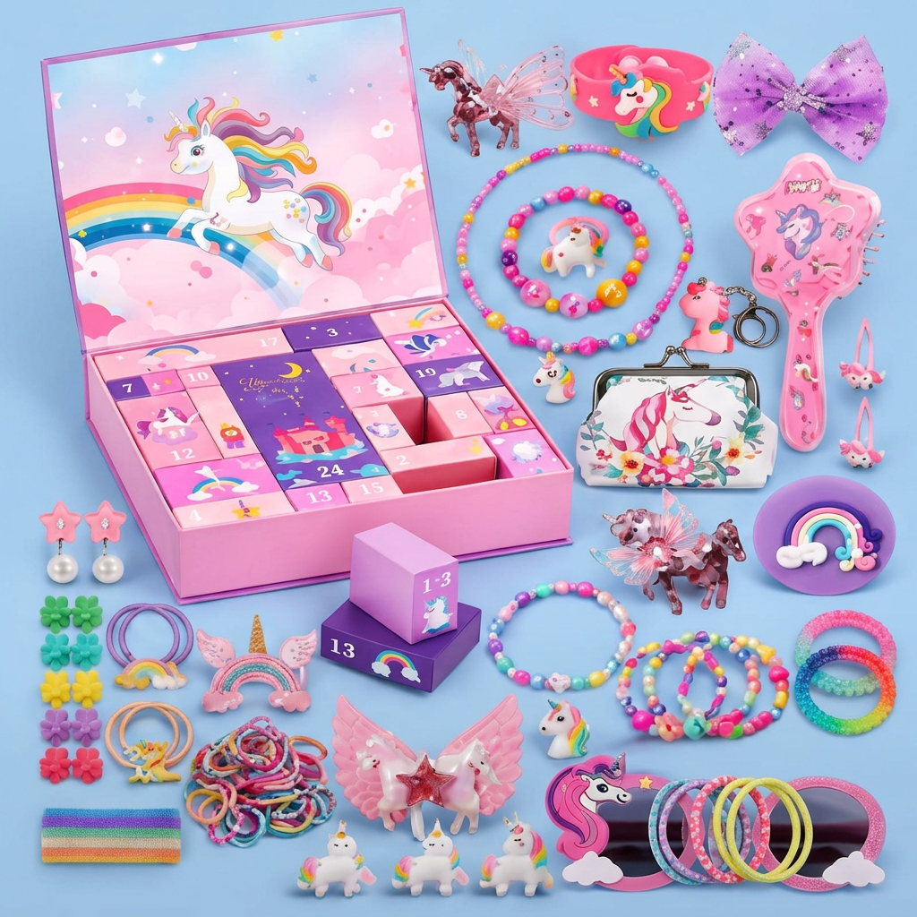 24-Day Unicorn Advent Calendar with Hair Accessories, Stickers & Surprise Gifts