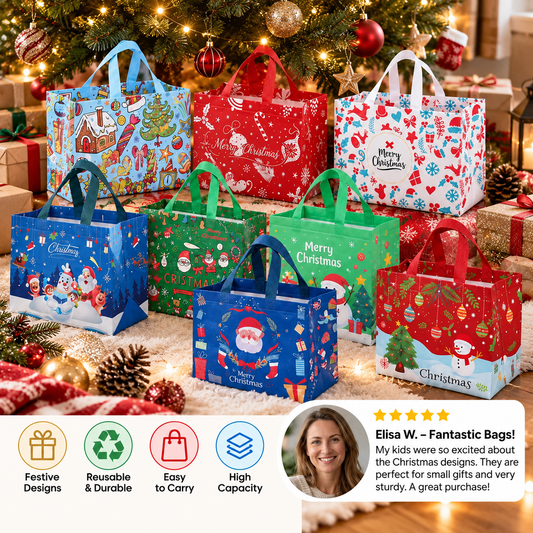 Reusable Christmas Gift Bags with Handles – Assorted Holiday Designs