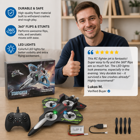 Durable Foam RC Fighter Jet Drone for Indoor & Outdoor Flying – 360° Flips & LED Lights