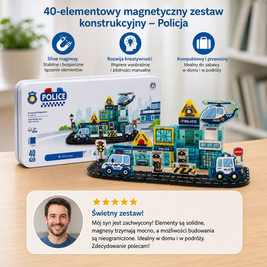 40-Piece Travel-Sized Magnetic Building Set with Construction, Fire & Police Vehicles