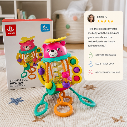 3-in-1 Multi-Sensory Pull-String Teething Toy with Rattle & Rain Sounds for Babies