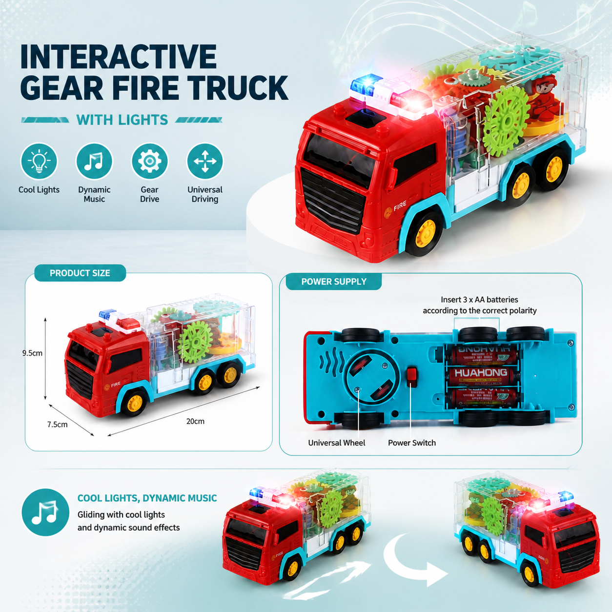 Interactive Gear Fire Truck Toy with Lights