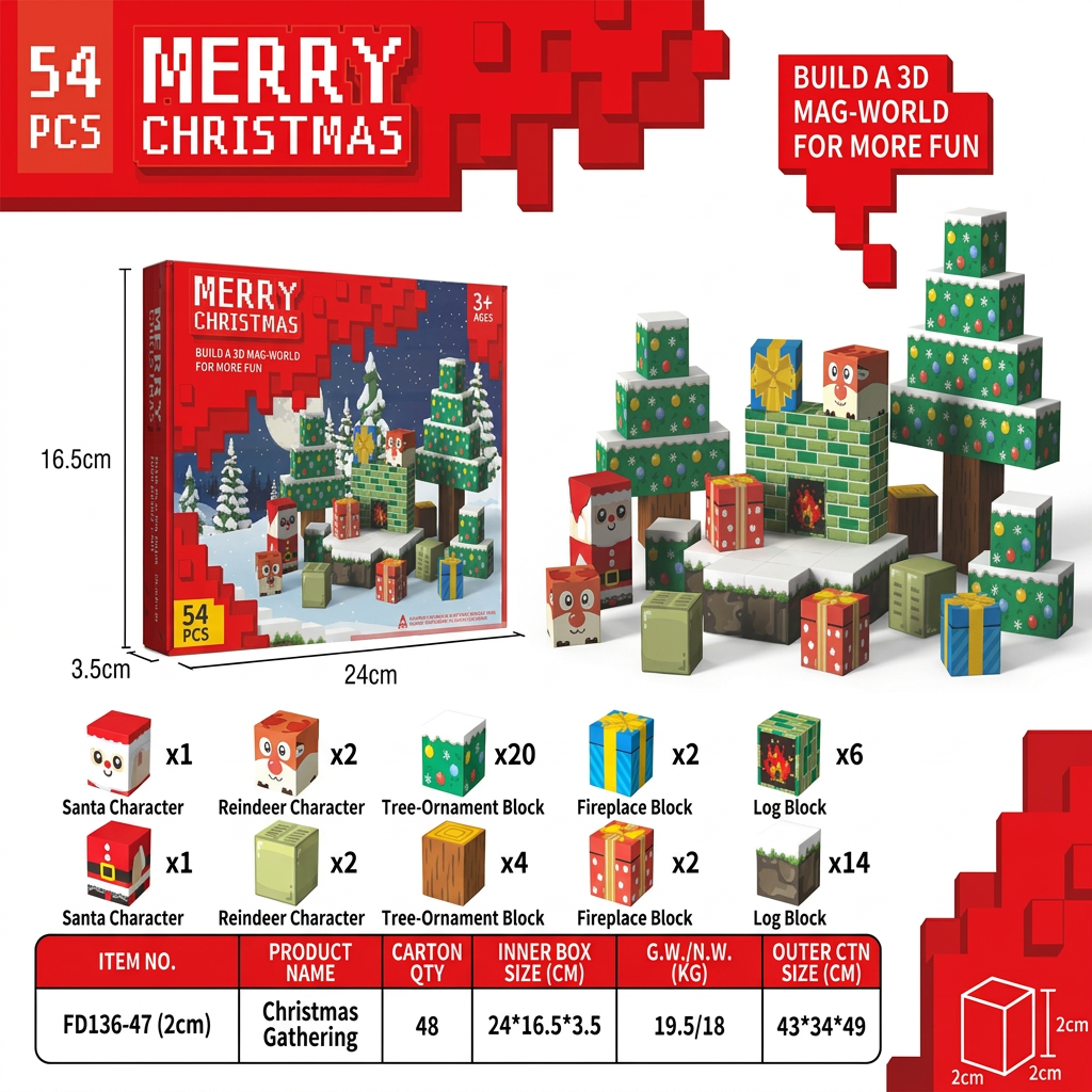 54-Piece Christmas Magnetic Building Blocks Set for Kids