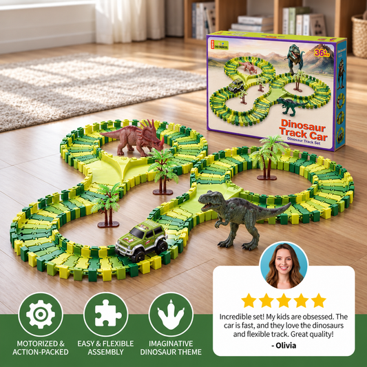 215-Piece Dinosaur Race Track Set with Motorized Cars, Bridge & Dinosaur Figures
