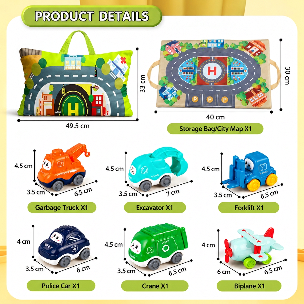 Toddler Toy Truck & Car Set with Play Mat Storage Bag