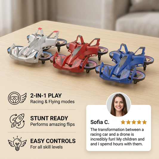 2-in-1 Remote Control Flying Drone & Stunt Racing Car