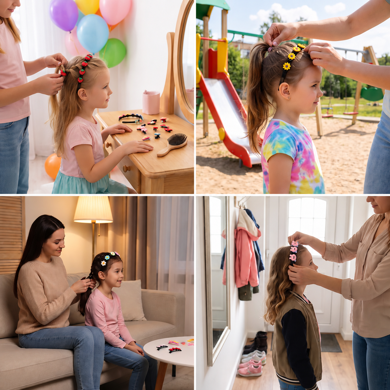 Cute Hair Clips & Bands for Girls with Flower, Strawberry & Rainbow Charms
