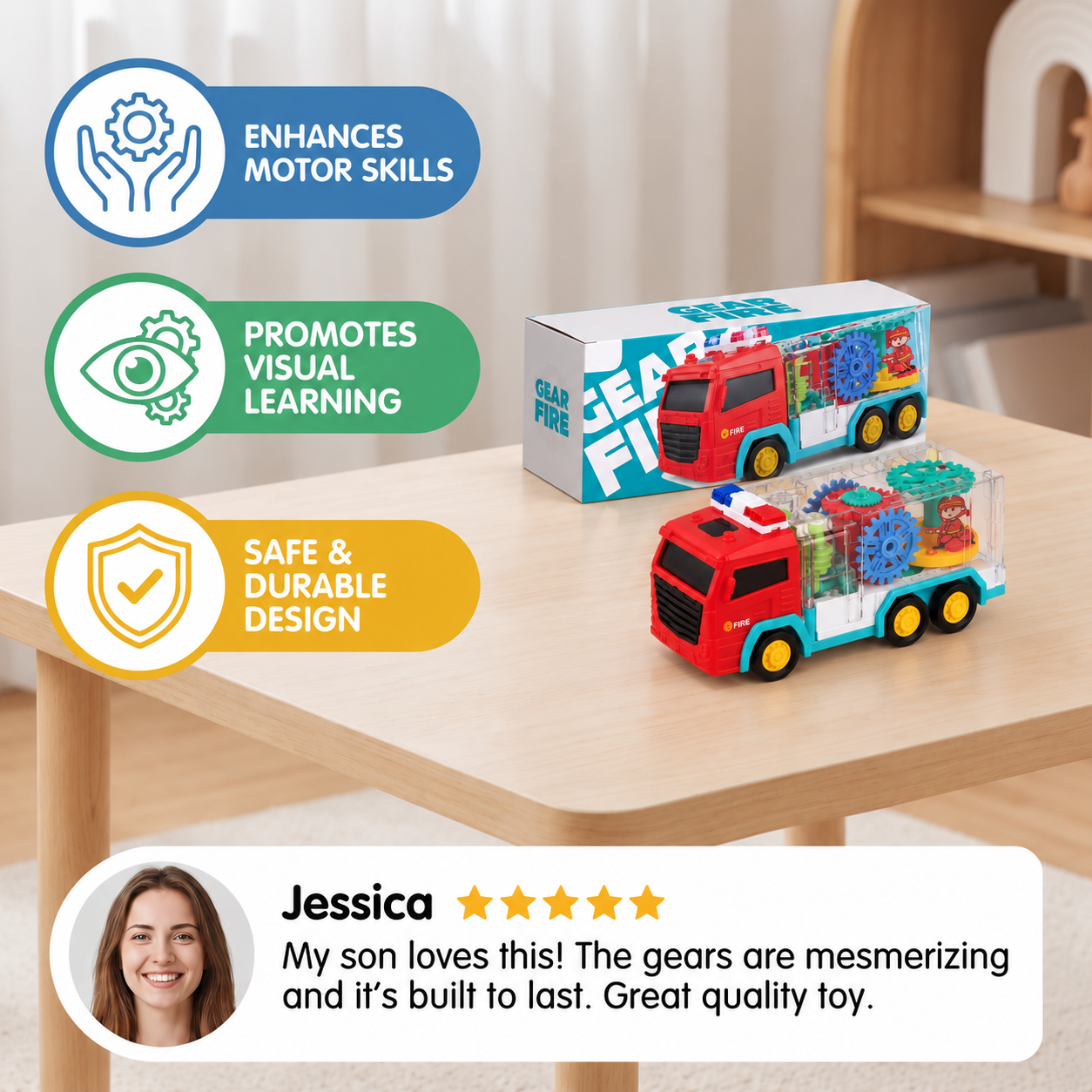Interactive Fire Truck Toy with Colorful Moving Gears