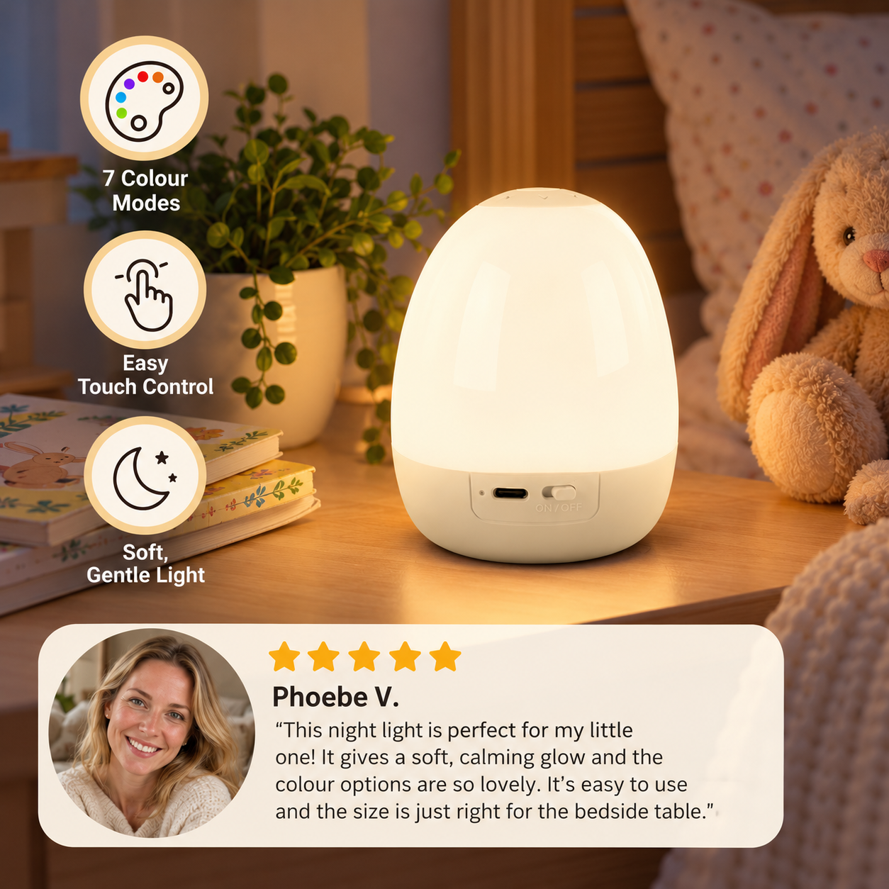Egg-Shaped Silicone Night Light – Touch Control, 7-Colour Changing