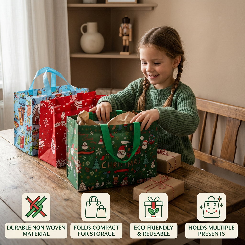 Reusable Christmas Gift Bags with Handles – Assorted Holiday Designs