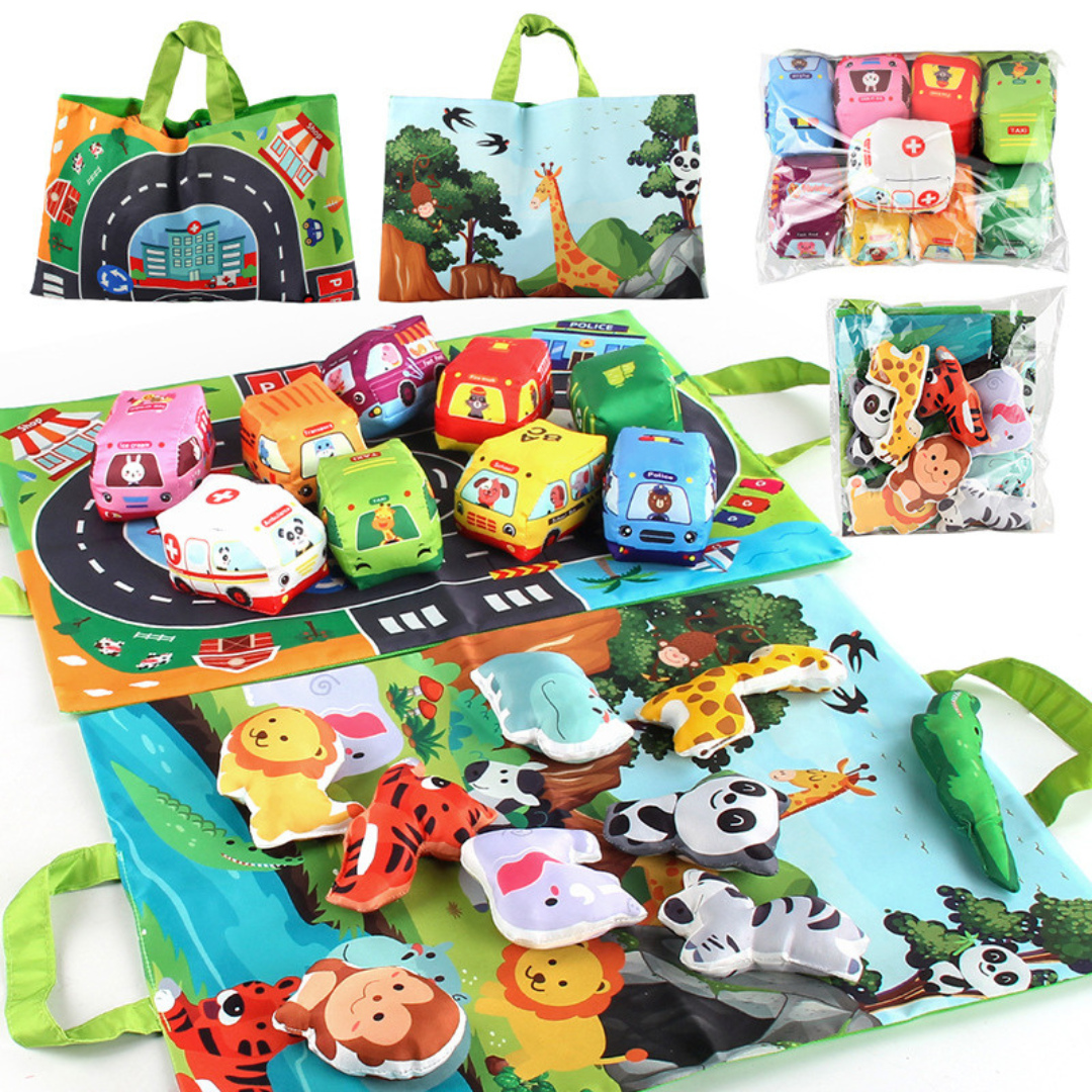 2in1 sensory plush toy cars with road mat and bag for on the go