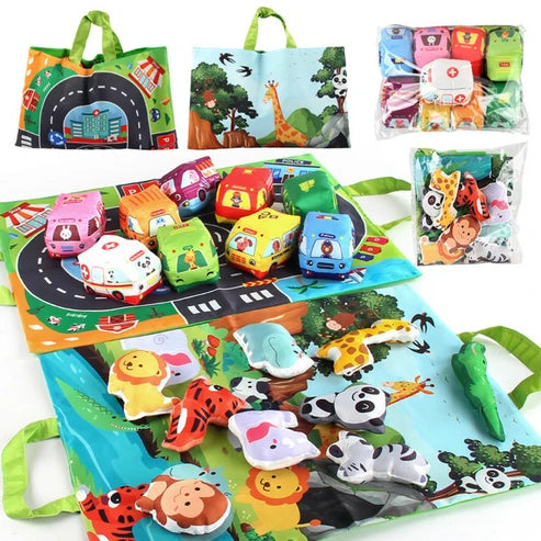 2in1 sensory plush toy cars with road mat and bag for on the go