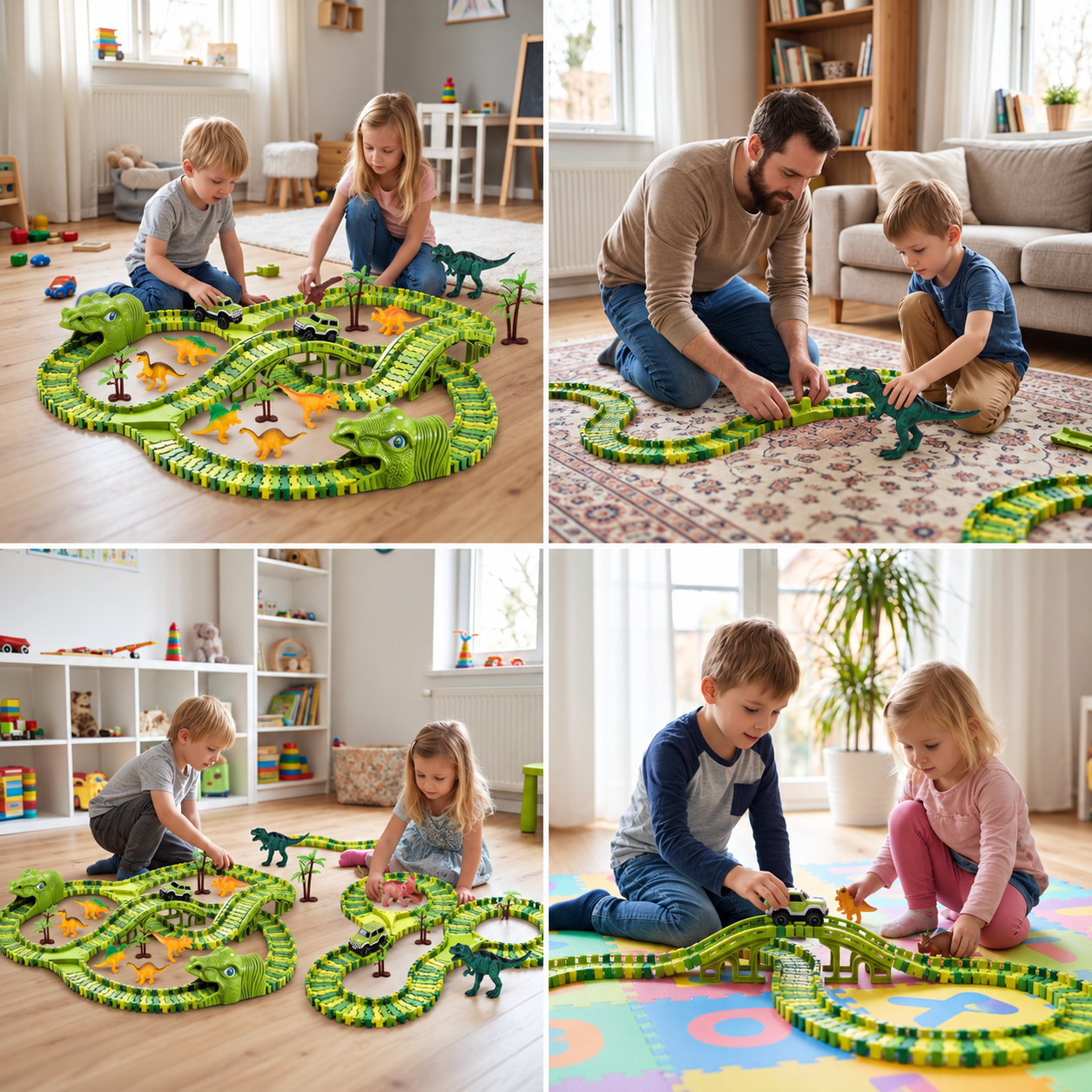 215-Piece Dinosaur Race Track Set with Motorized Cars, Bridge & Dinosaur Figures