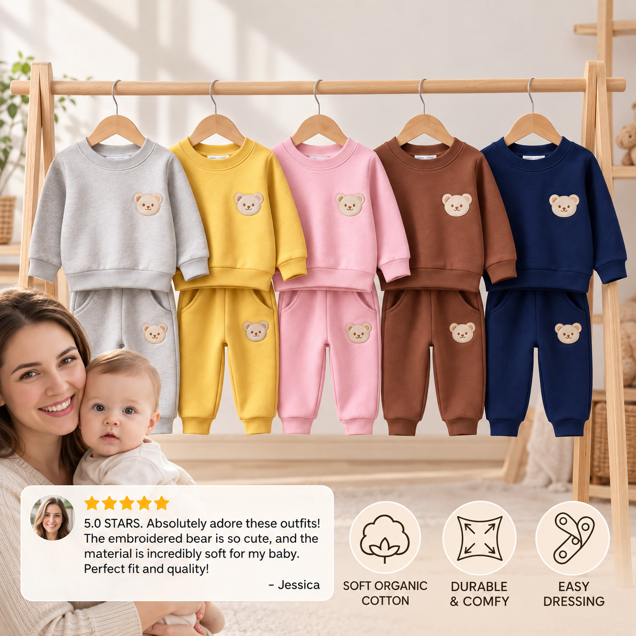 Baby Outfit with Embroidered Bear Sweatshirt & Matching Sweatpants