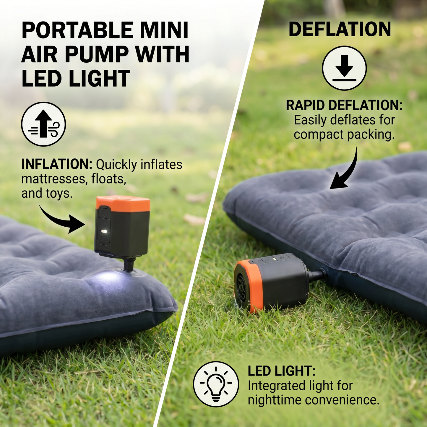 Portable Mini Air Pump with LED Light – Fast Inflate & Deflate