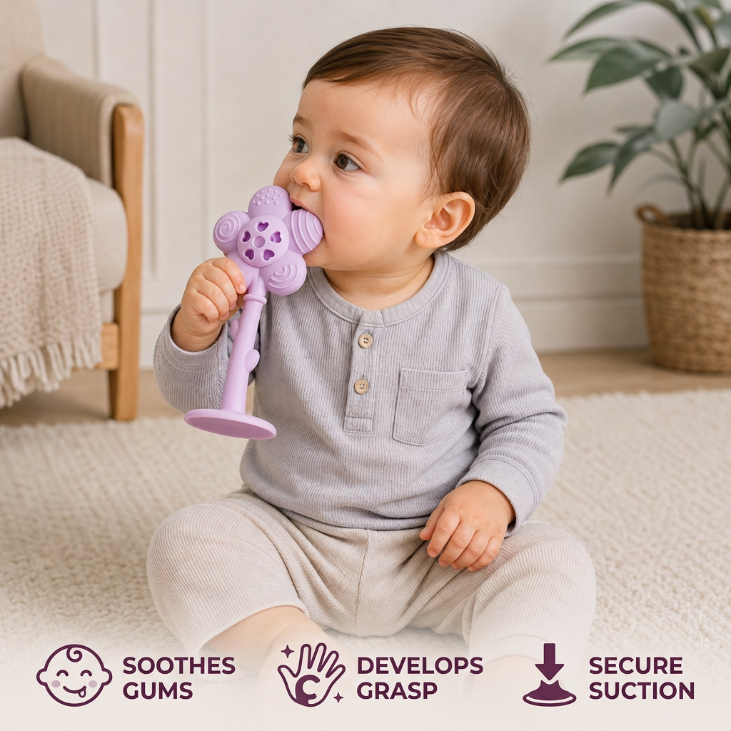 2-in-1 Sunflower Baby Teether & Rattle with Suction Base