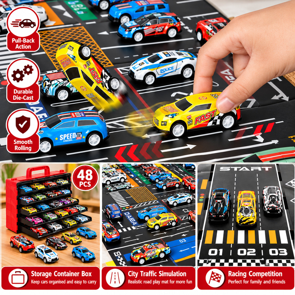 48-Piece Mini Die-Cast Pull-Back Car Set with Storage Container Box