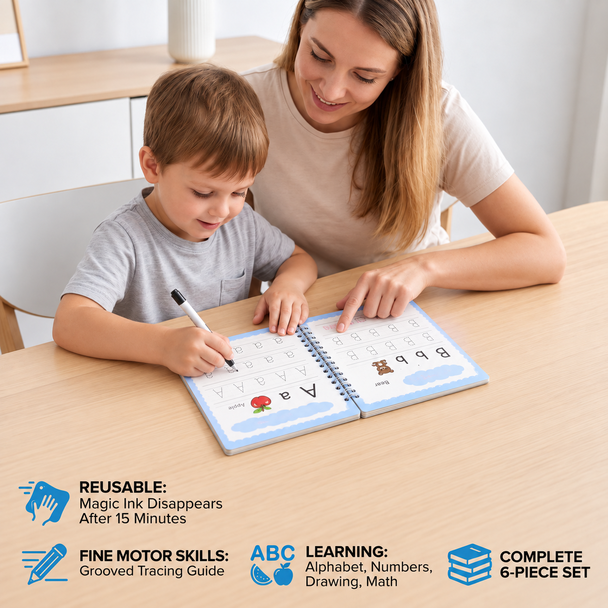 Reusable Grooved Handwriting Practice Books for Kids – 6-Piece Tracing & Writing Set