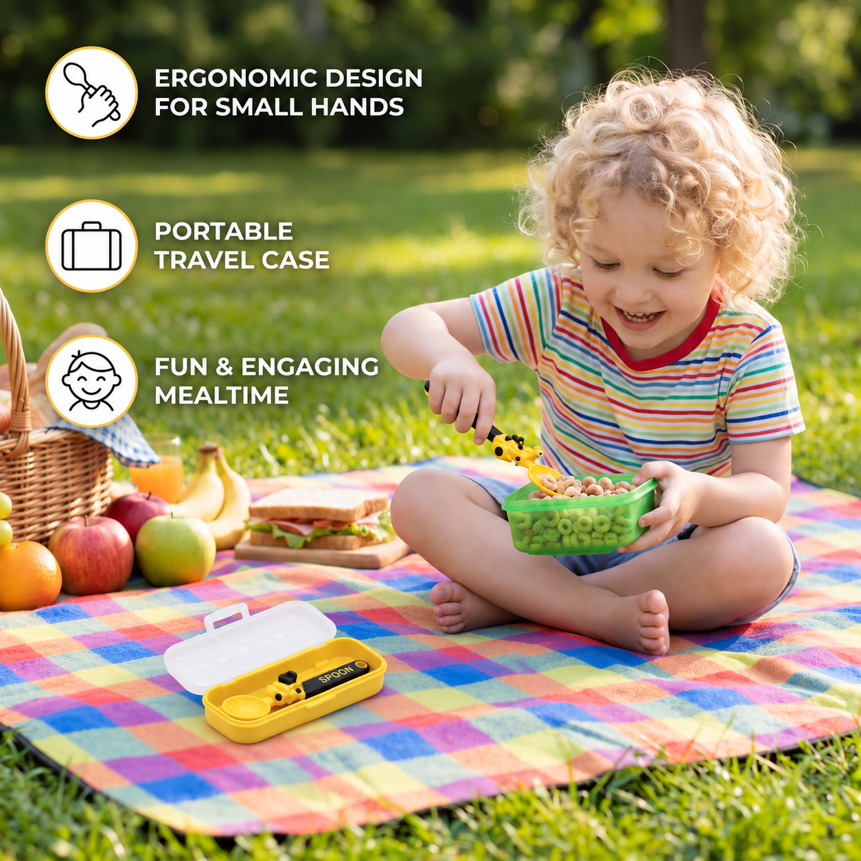 3-Piece Construction Vehicle Kids’ Utensil Set with Spoon, Fork & Travel Case