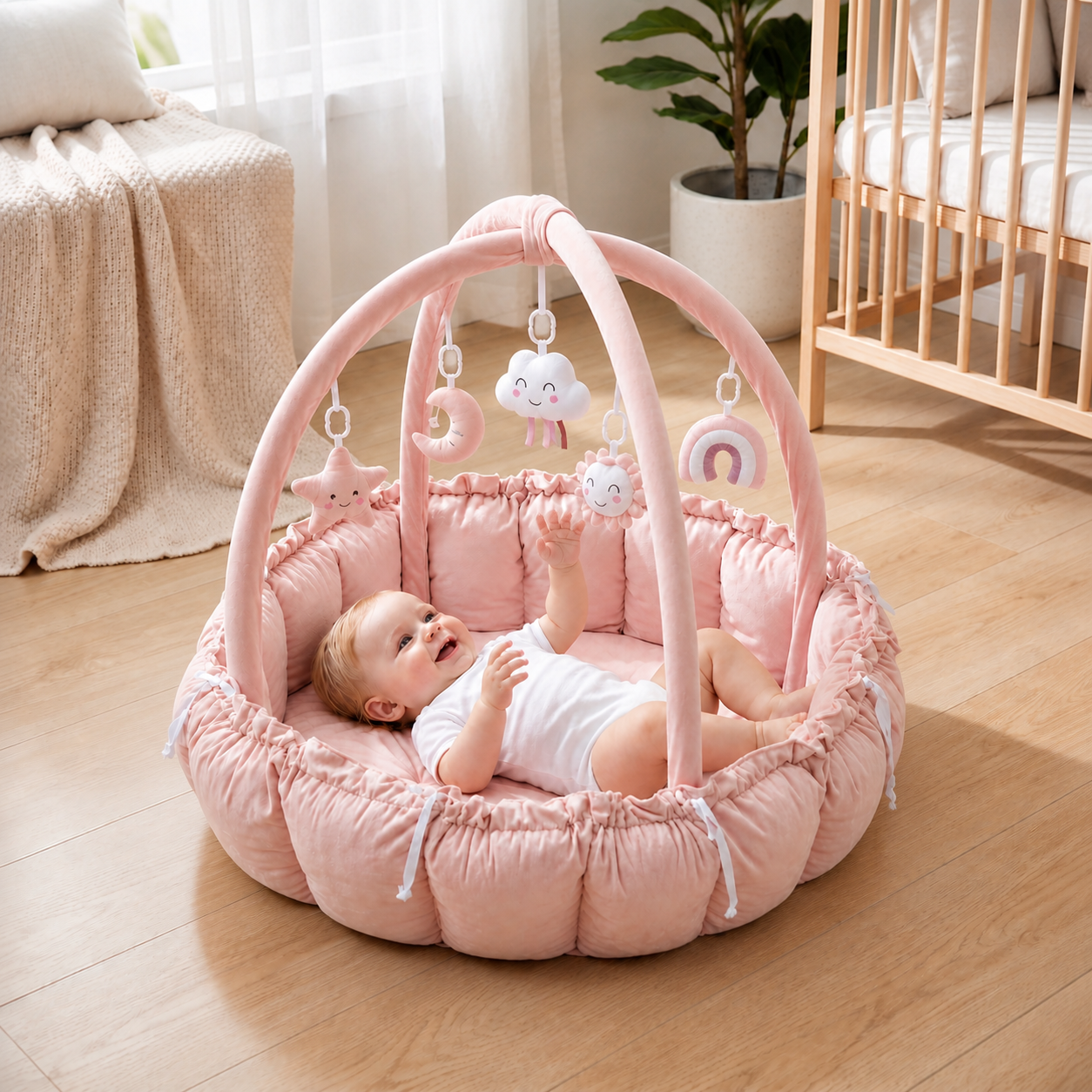 5-in-1 Plush Baby Play Gym, Activity Mat & Bed with Hanging Toys