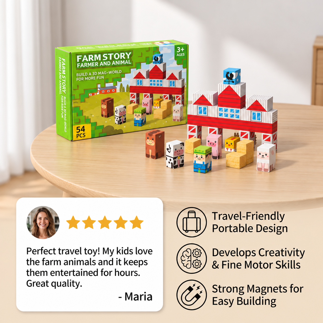 Farm Story Magnetic Building Blocks Travel Playset with Animals & Barn