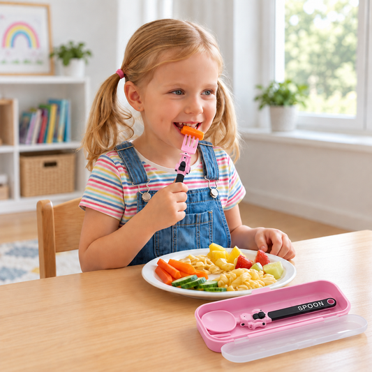 3-Piece Construction Vehicle Kids’ Utensil Set with Spoon, Fork & Travel Case