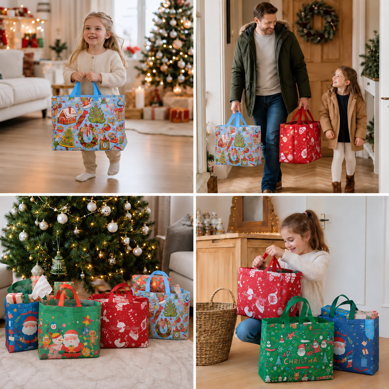 Reusable Christmas Gift Bags with Handles – Assorted Holiday Designs