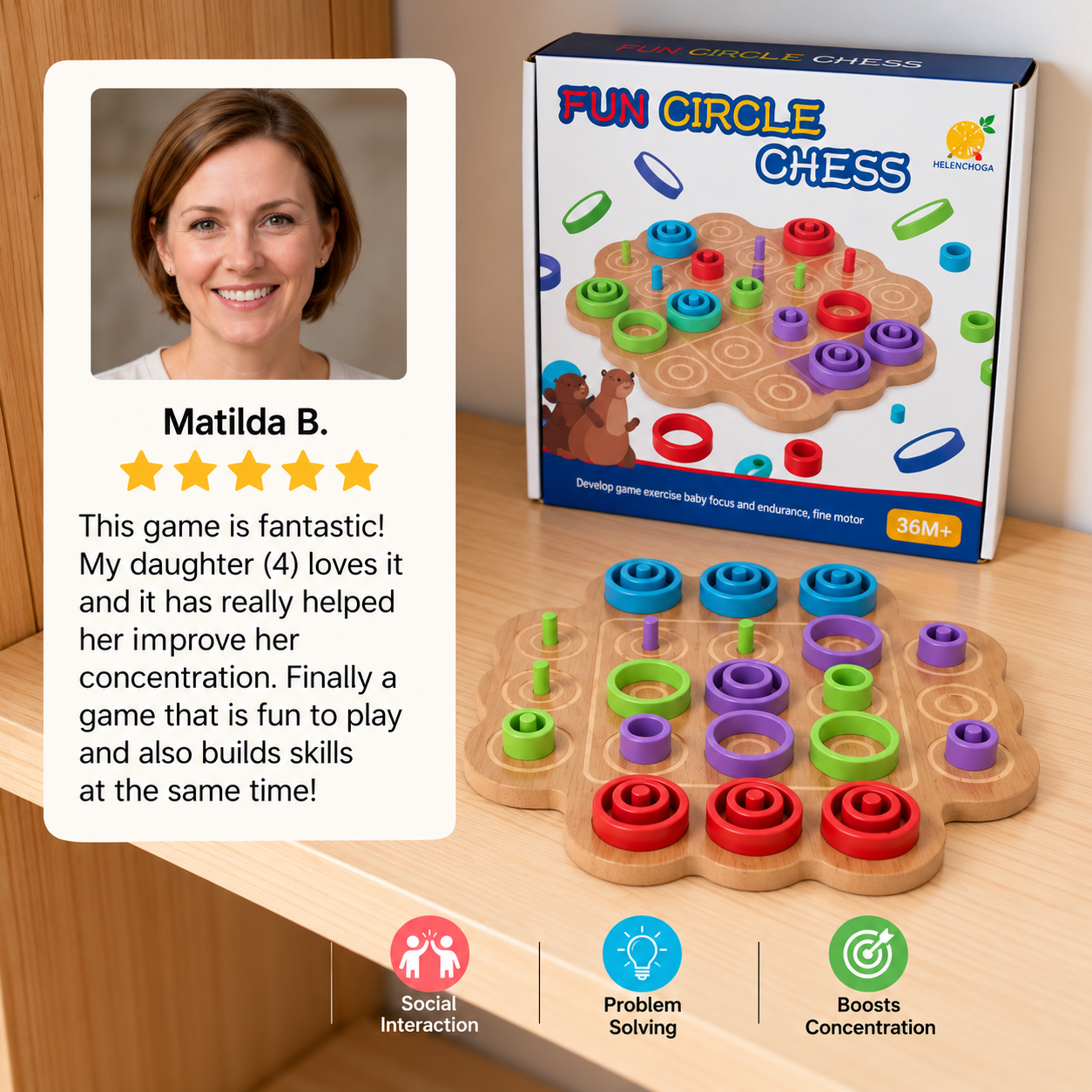 Early Educational 3-Level Wooden Tic-Tac-Toe Strategy Game
