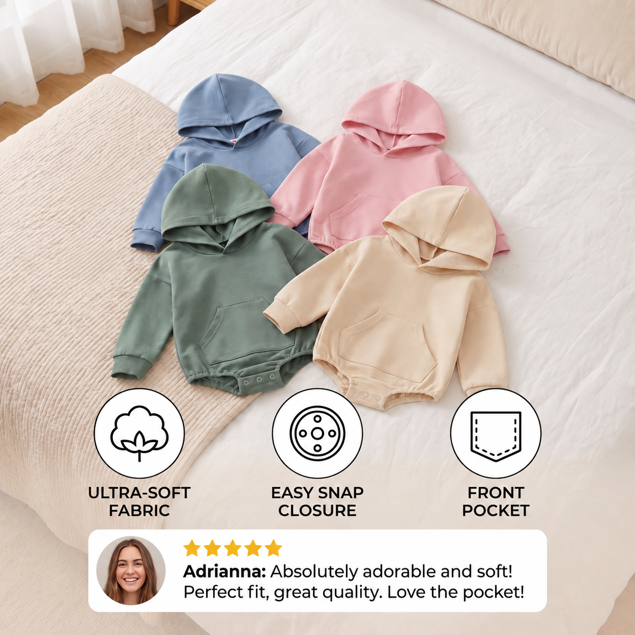 Hooded Baby Romper – Soft Long Sleeve Onesie with Front Pocket