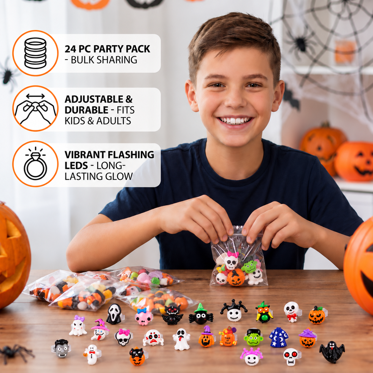 24-Pack Flashing LED Halloween Rings for Kids’ Party Favors & Treat Bags