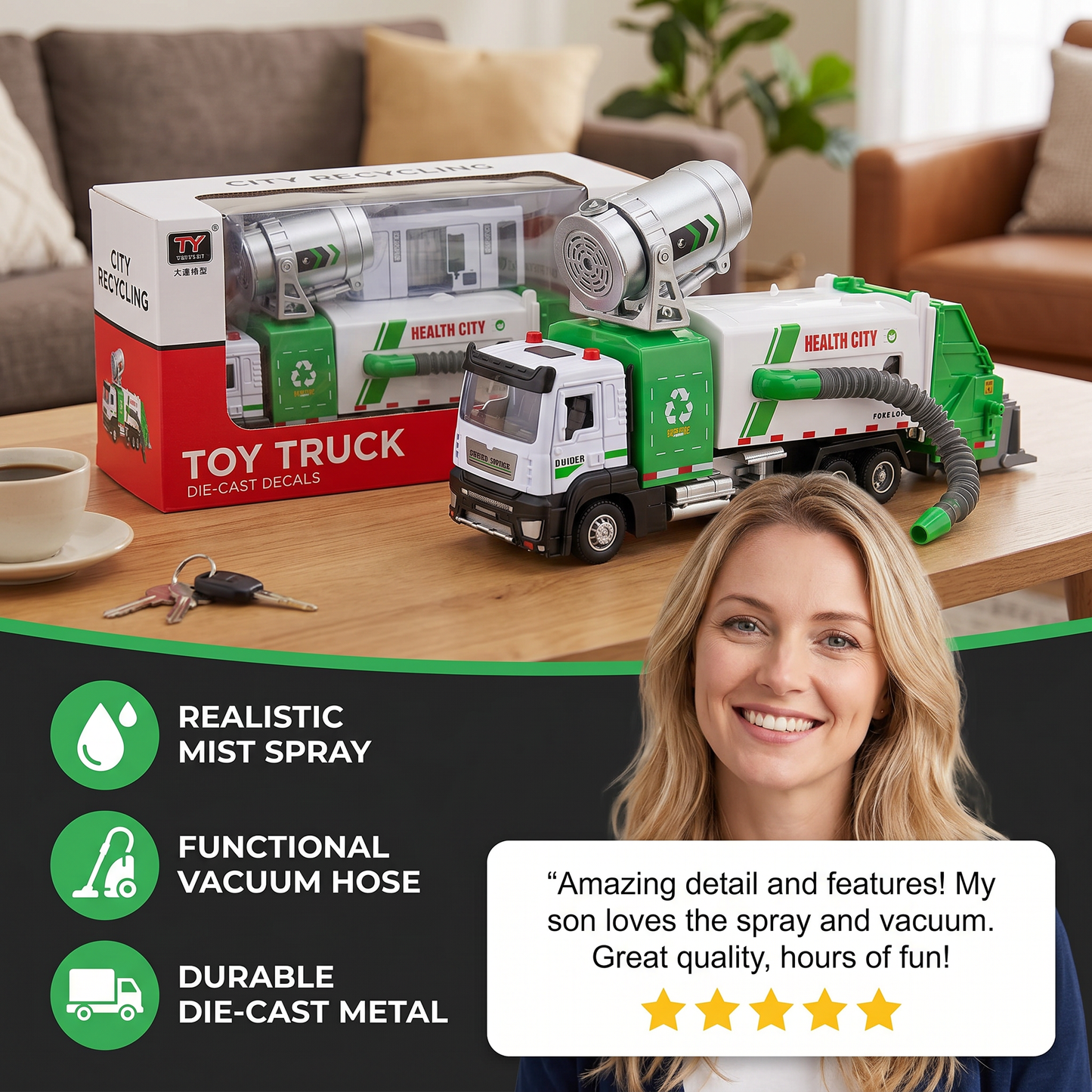 Die-Cast Street Sweeper Toy Truck with Vacuum Hose & Mist Spray
