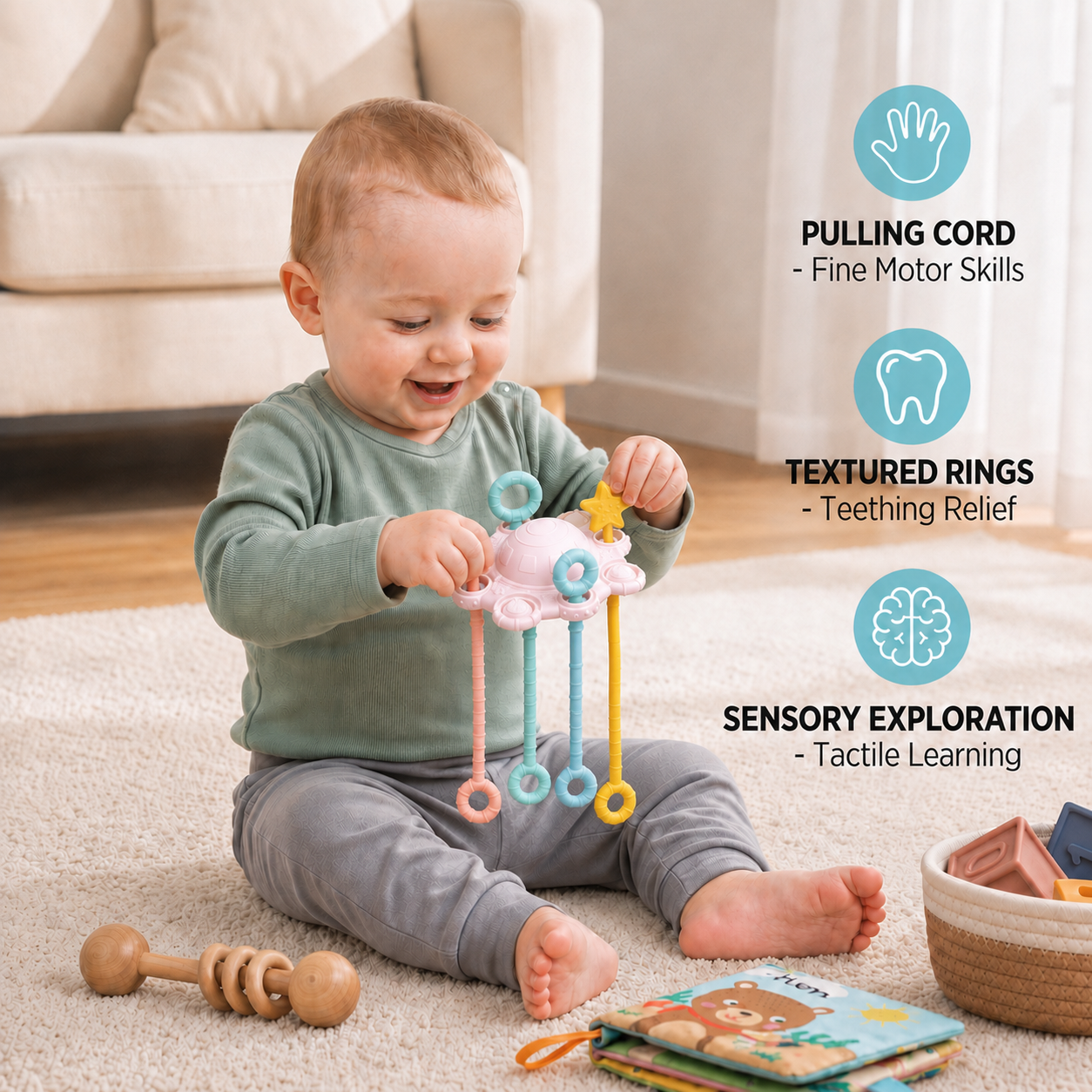 Montessori Sensory Pull & Explore Teething Toy – Silicone Pull Cord for Tactile Learning & Gum Relief