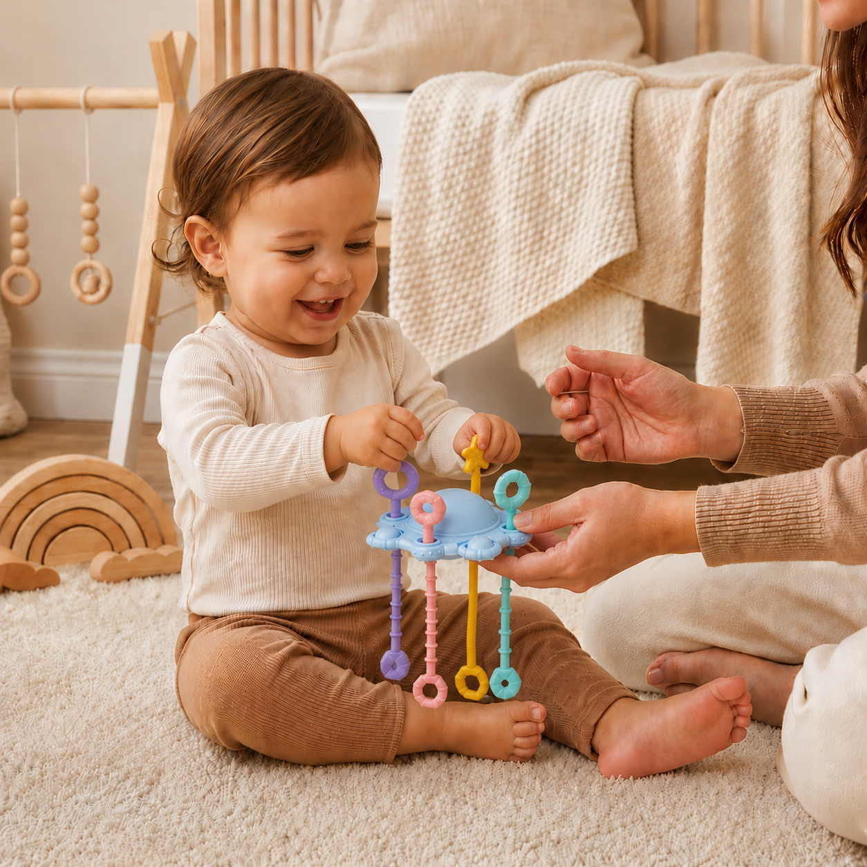 Montessori Sensory Pull & Explore Teething Toy – Silicone Pull Cord for Tactile Learning & Gum Relief