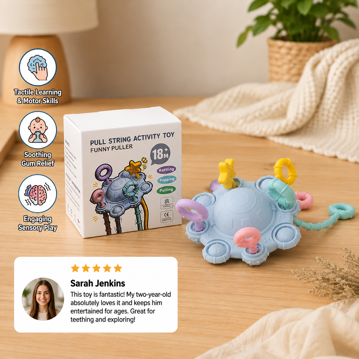Montessori Sensory Pull & Explore Teething Toy – Silicone Pull Cord for Tactile Learning & Gum Relief