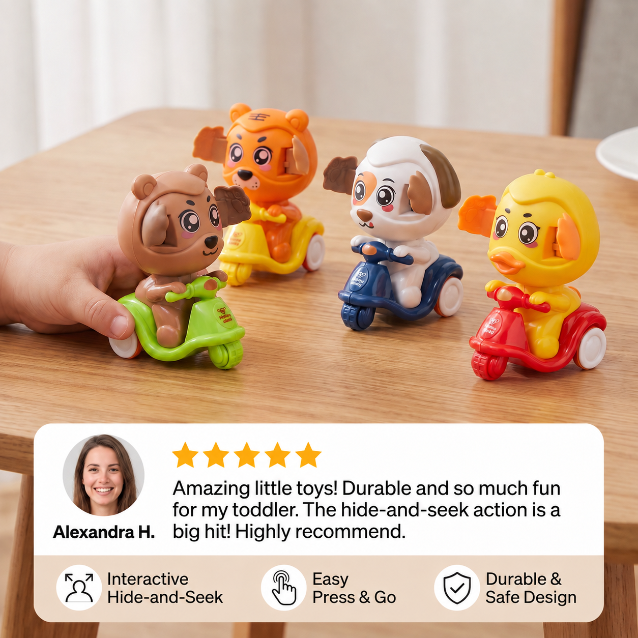 Press & Go Animal Motorcycle Toy – Cute Hide-and-Seek Character Car