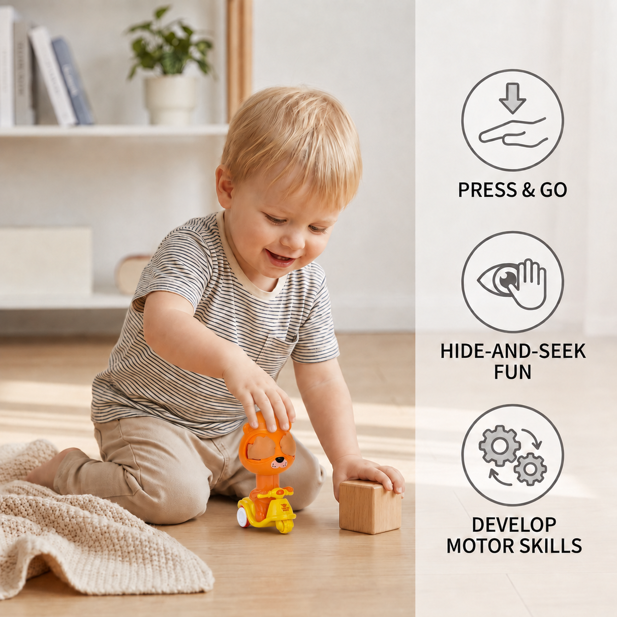Press & Go Animal Motorcycle Toy – Cute Hide-and-Seek Character Car