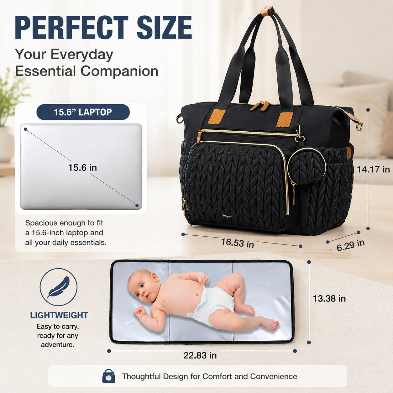 Lightweight Waterproof Diaper Tote Bag – Large Capacity with Changing Pad & Pacifier Case