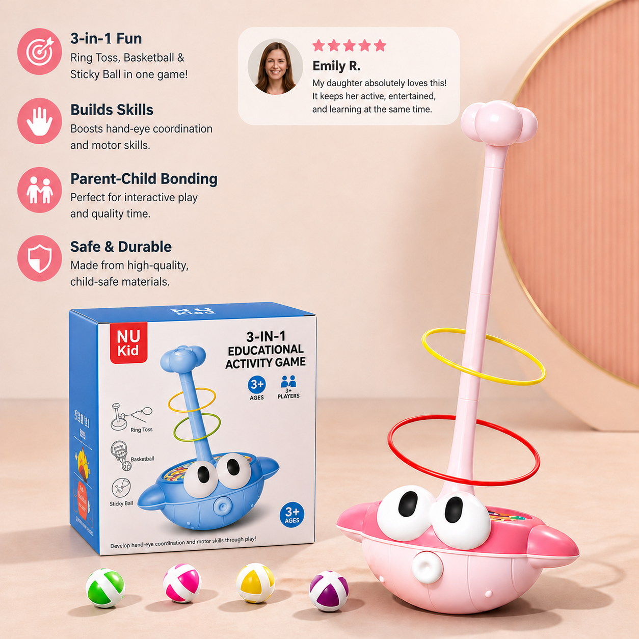 3-in-1 Educational Activity Game – Ring Toss, Basketball & Sticky Ball
