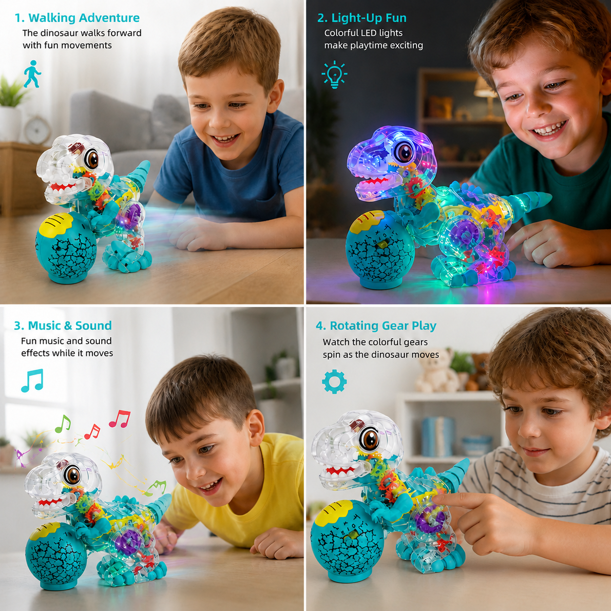 Interactive Light-Up Gear Dinosaur Toy with Music & Walking Action
