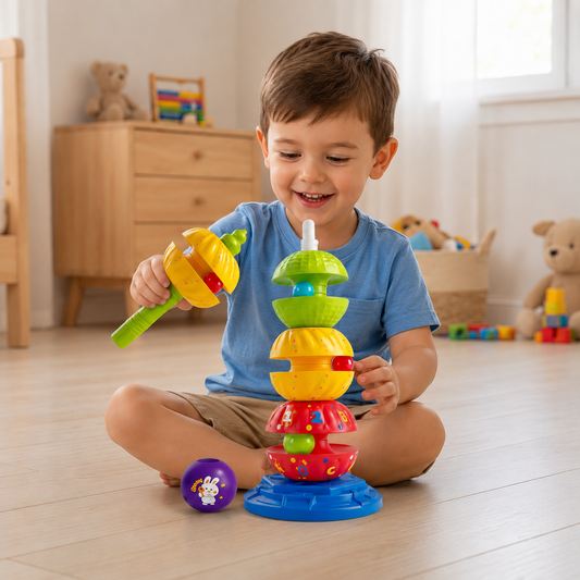 2-in-1 Interactive Rotating Stack & Ball Drop Tower with Rattle for Kids