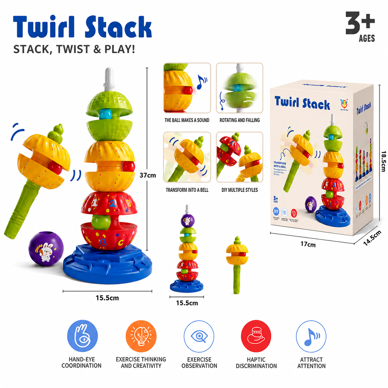 2-in-1 Interactive Rotating Stack & Ball Drop Tower with Rattle for Kids