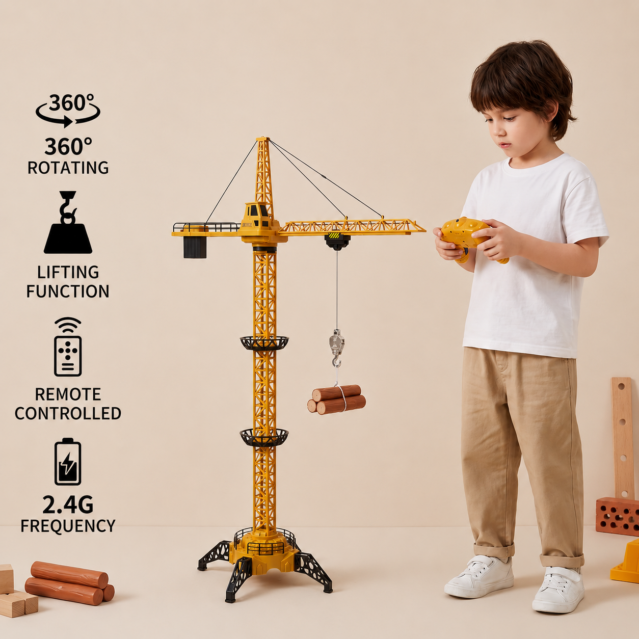 Remote Control Tower Crane – 360° Rotating Construction Toy with Lifting Function