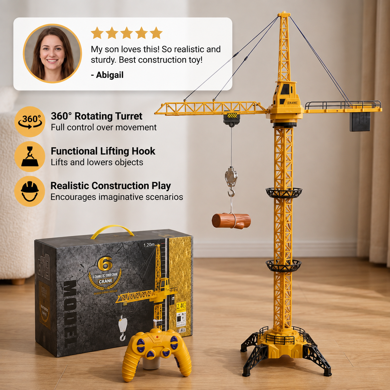 Remote Control Tower Crane – 360° Rotating Construction Toy with Lifting Function