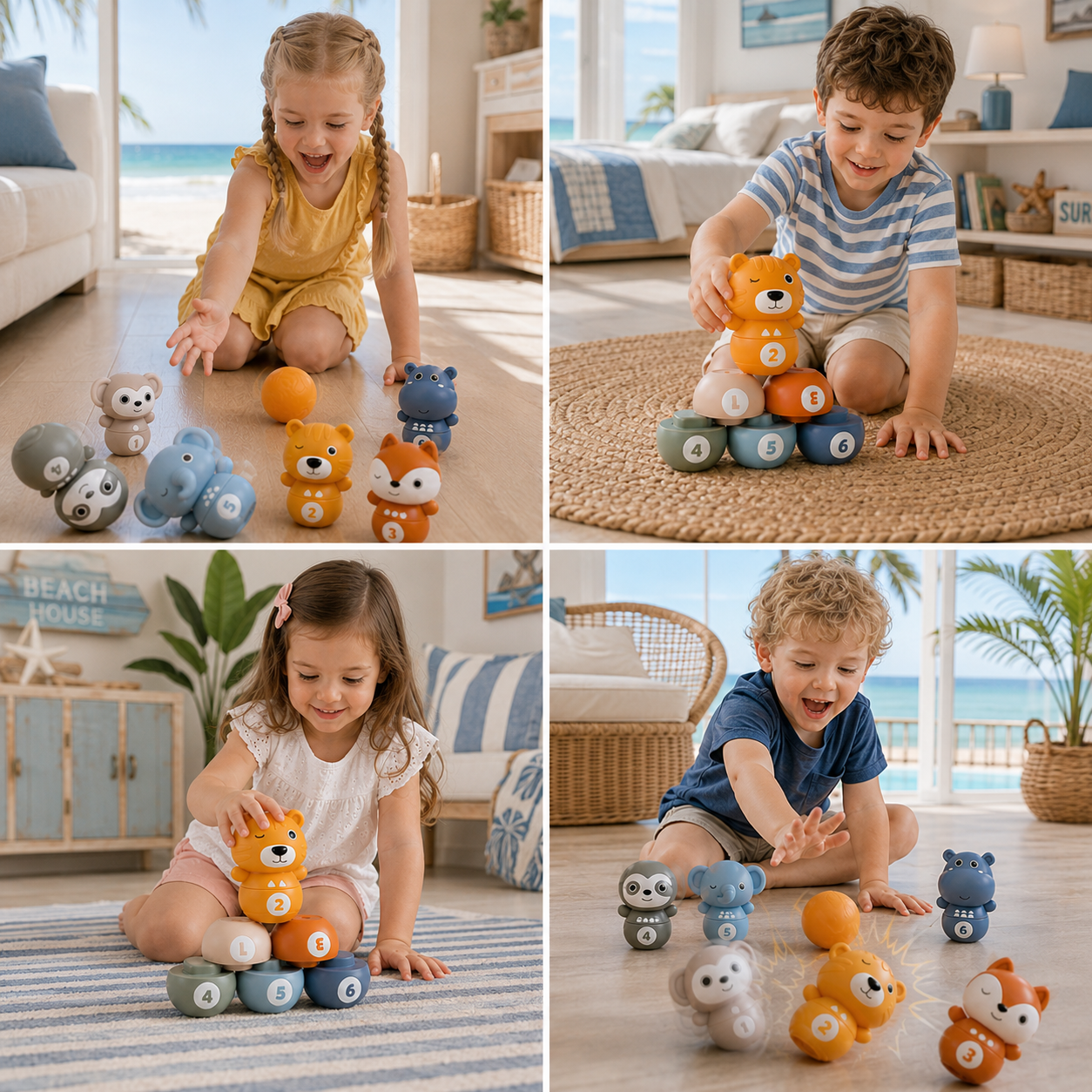 6-in-1 Soft Rubber Animal Bowling & Stacking Game – Montessori Learning Toy for Kids