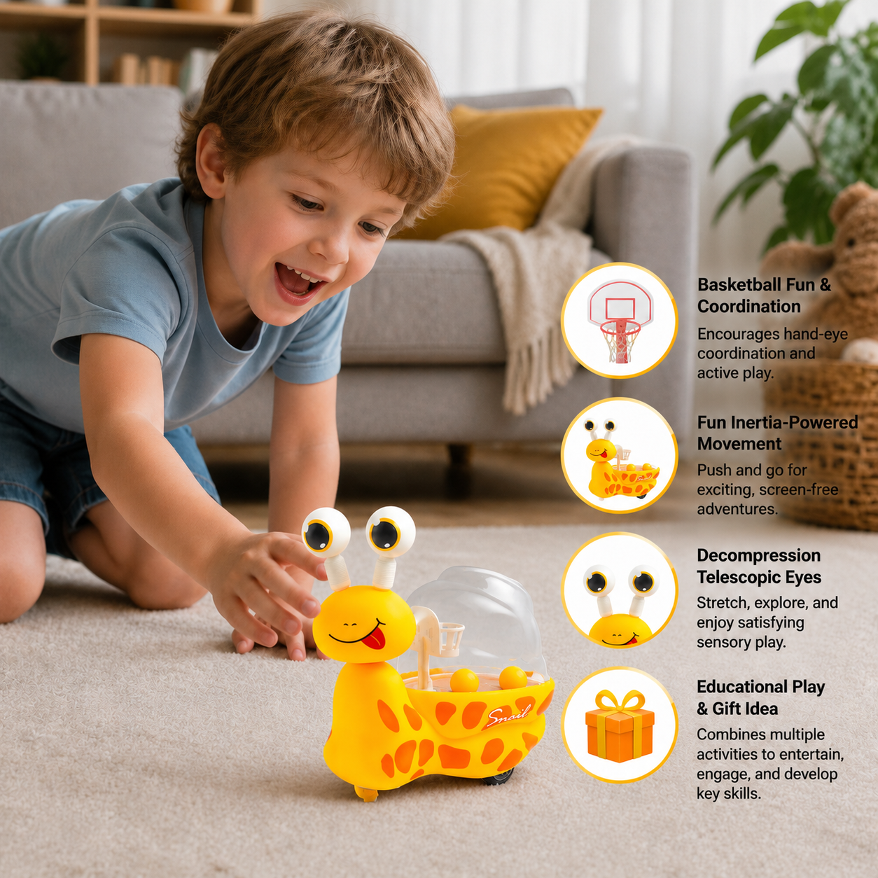 3-in-1 Moving Snail Toy with Basketball Hoop & Telescopic Eyes