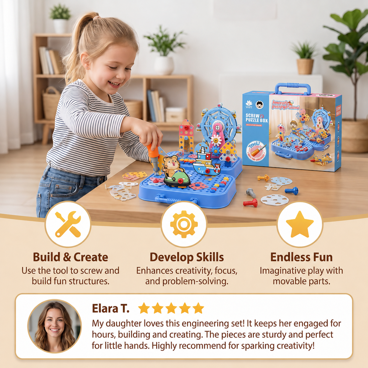 DIY Kids Engineering Tool Box with Building Board, Ferris Wheel & Electric Drill