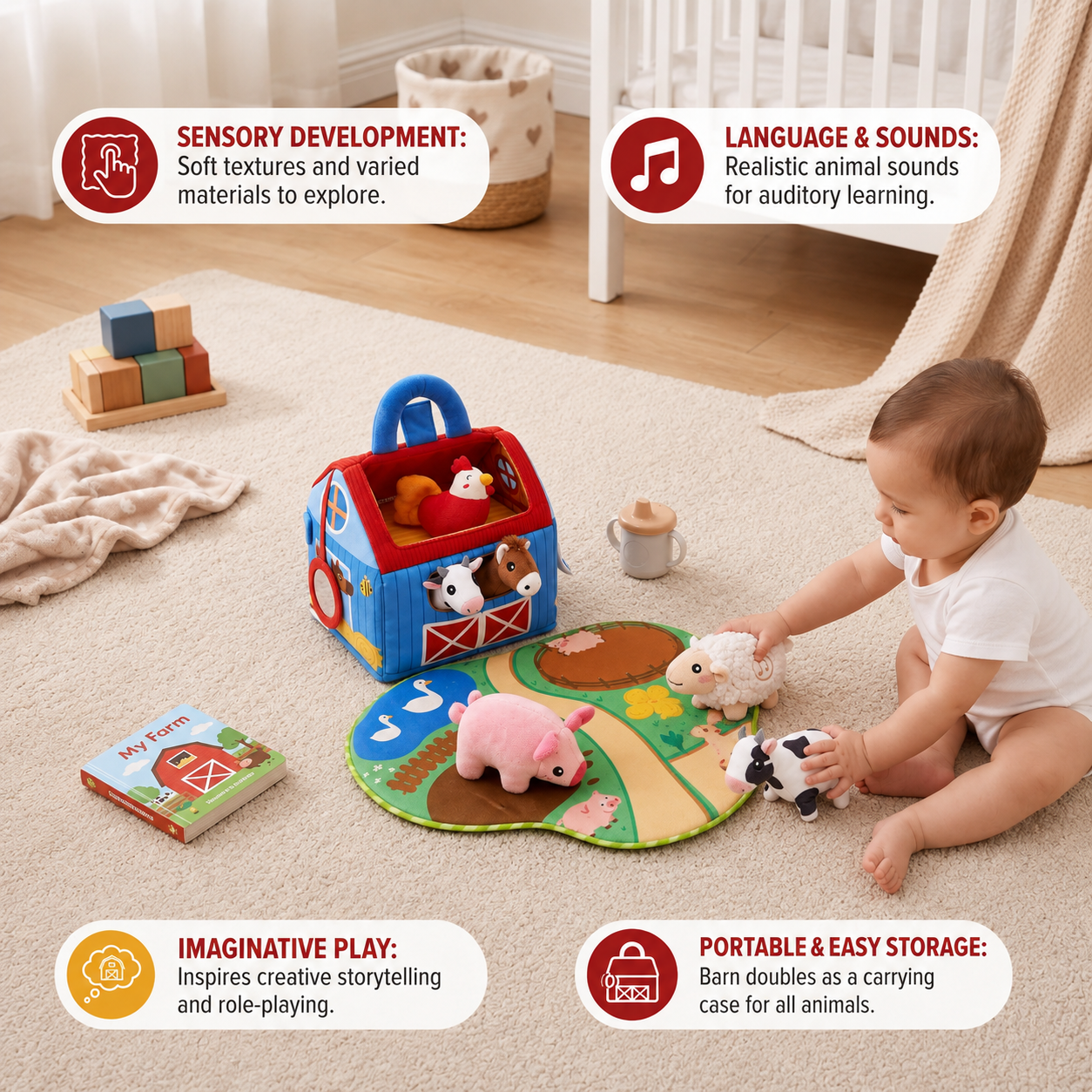 Farm Animal Plush Playset – Interactive Learning Toy with Portable Playhouse