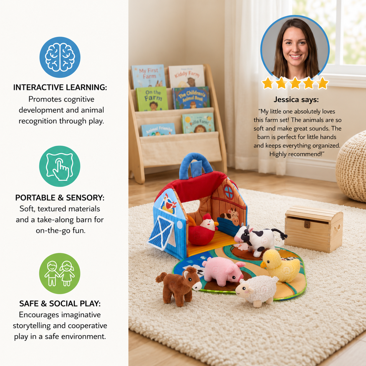 Farm Animal Plush Playset – Interactive Learning Toy with Portable Playhouse