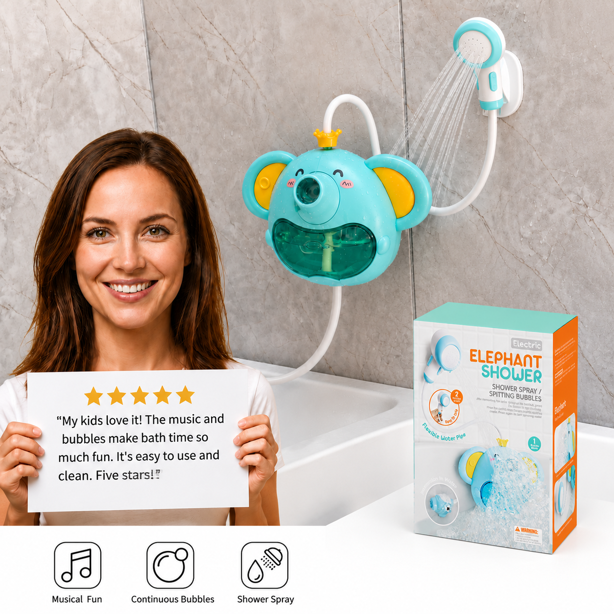Musical Elephant Bubble Bath Toy with Shower Head