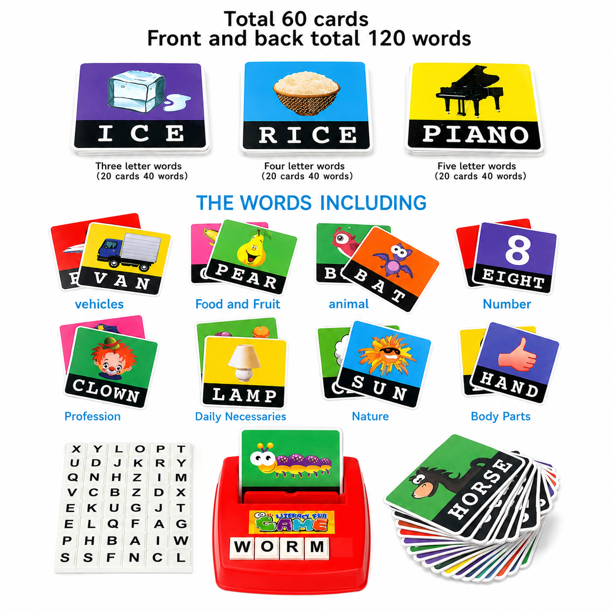 Interactive Spelling & Word Matching Game – Preschool Literacy Learning Toy with Picture Cards & Letter Tiles
